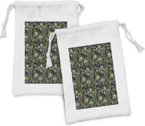 Ambesonne Tropical Fabric Pouch Set of 2, Hawaiian Pattern with Breadfruit Palm Leaf Plumeria Flower and Exotic Bird on Dark, Small Drawstring Bag for Toiletries Masks and Favors, 9" x 6", Multicolor