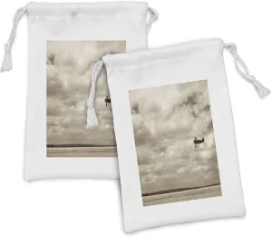 Ambesonne Vintage Airplane Fabric Pouch Set of 2, Airplane Dramatic Cloudy Skies Aviation Flyby Obsolete Composition Print, Small Drawstring Bag for Toiletries Masks and Favors, 9" x 6", Sepia