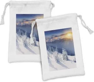 Ambesonne Winter Fabric Pouch Set of 2, Disappearance of Sunrise in Mountain Tops Dramatic Sky Alpine, Small Drawstring Bag for Toiletries Masks and Favors, 9" x 6", White Blue Apricot