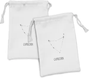 Ambesonne Zodiac Capricorn Fabric Pouch Set of 2, Capricorn Constellation with Aligned Stars Astronomical Elements, Small Drawstring Bag for Toiletries Masks and Favors, 9" x 6", Black and White