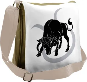Ambesonne Zodiac Taurus Messenger Bag, Black Ox and Sign, Unisex Cross-body