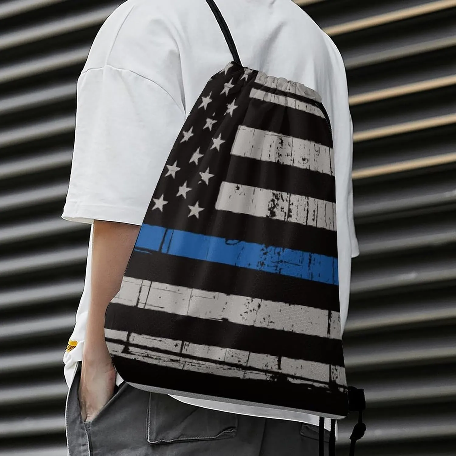 American Police Blue Line Flag Large Capacity Portable Drawstring Pocket Unisex