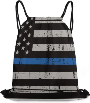 American Police Blue Line Flag Large Capacity Portable Drawstring Pocket Unisex