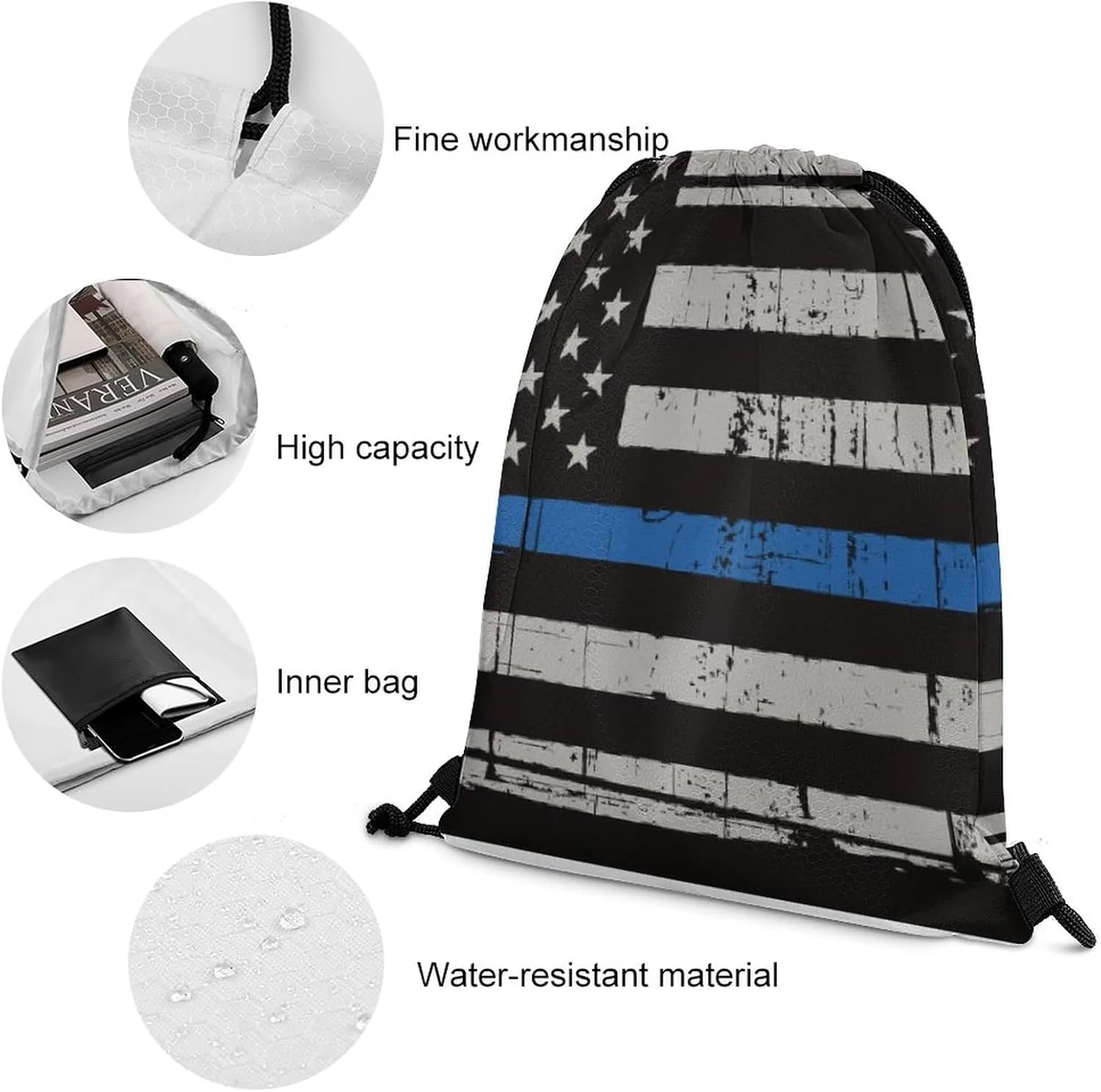 American Police Blue Line Flag Large Capacity Portable Drawstring Pocket Unisex
