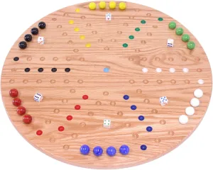 AmishToyBox.com Wahoo Marble Game Board Set - Round 22" Wide Marbles Game - Solid Oak Wood - Double-Sided - with Large 22mm Marbles and Dice Included