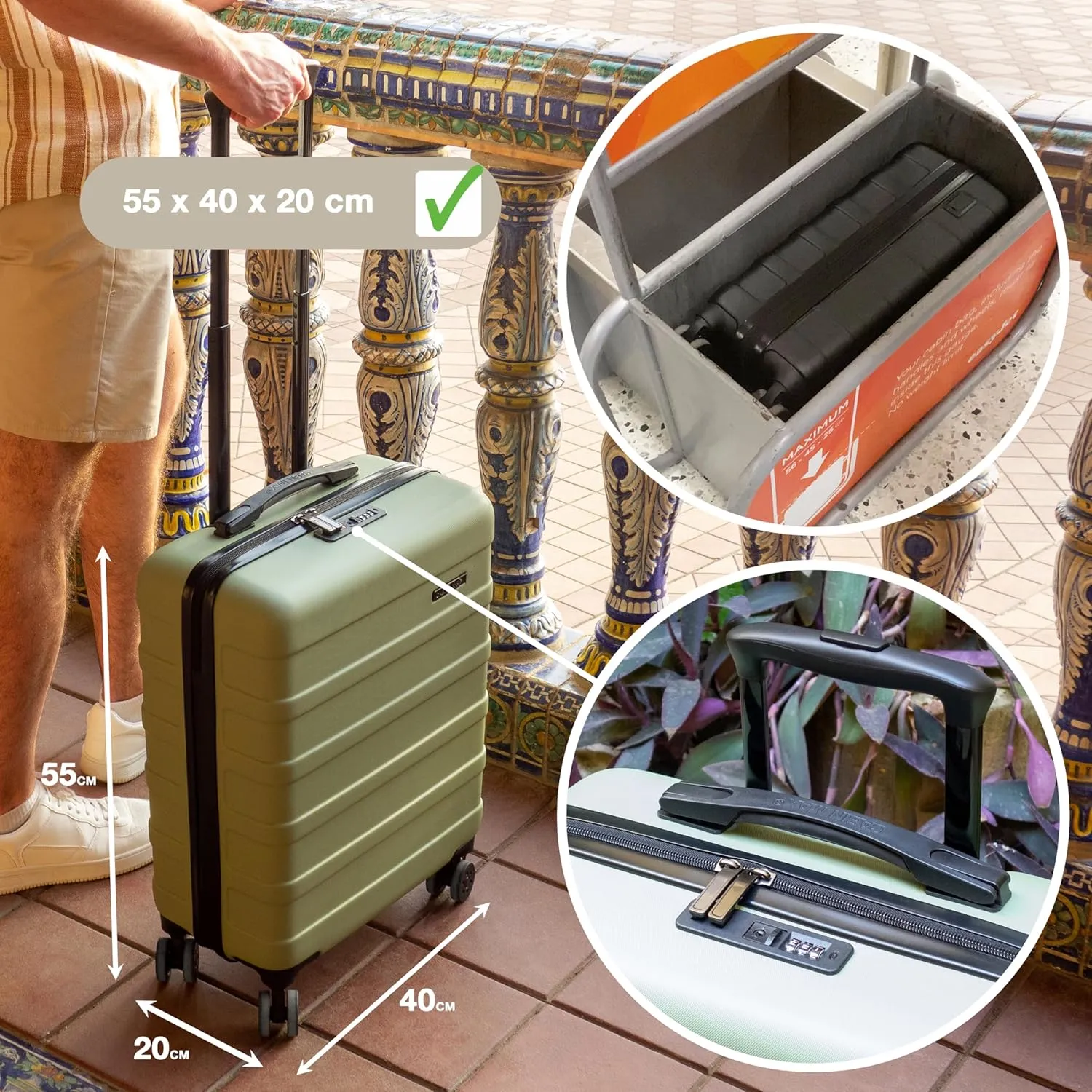 Anode 44L 55x40x20cm (22x16x8inch) Carry On Hand Luggage Suitcase - Lightweight, Hard Shell, 4 Wheels, 3 Digit Combination Lock (Bodo Green)