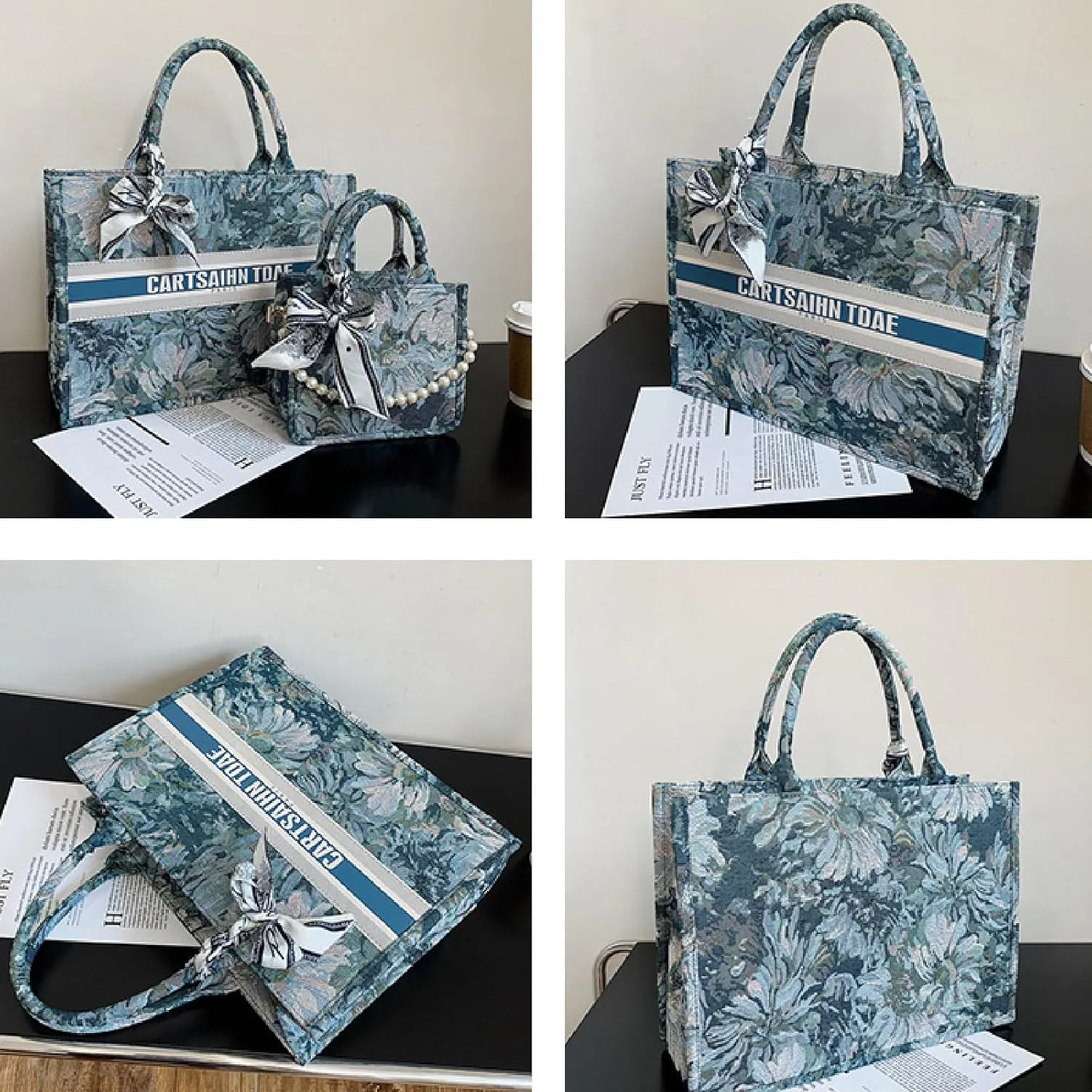 APLUSH Women Handbags Fashion Canvas Tote Bag Large Capacity Jacquard Retro Exquisite Shoulder Bag,Blue,38 * 28 * 13cm