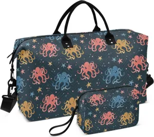 Aslsiy Travel Duffel Bags for Women Cartoon Doodle Octopus Sport Duffel Bag Sea Stars Black Weekender Bag Gym Bag with Toiletry Bag Carry on Overnight Bag