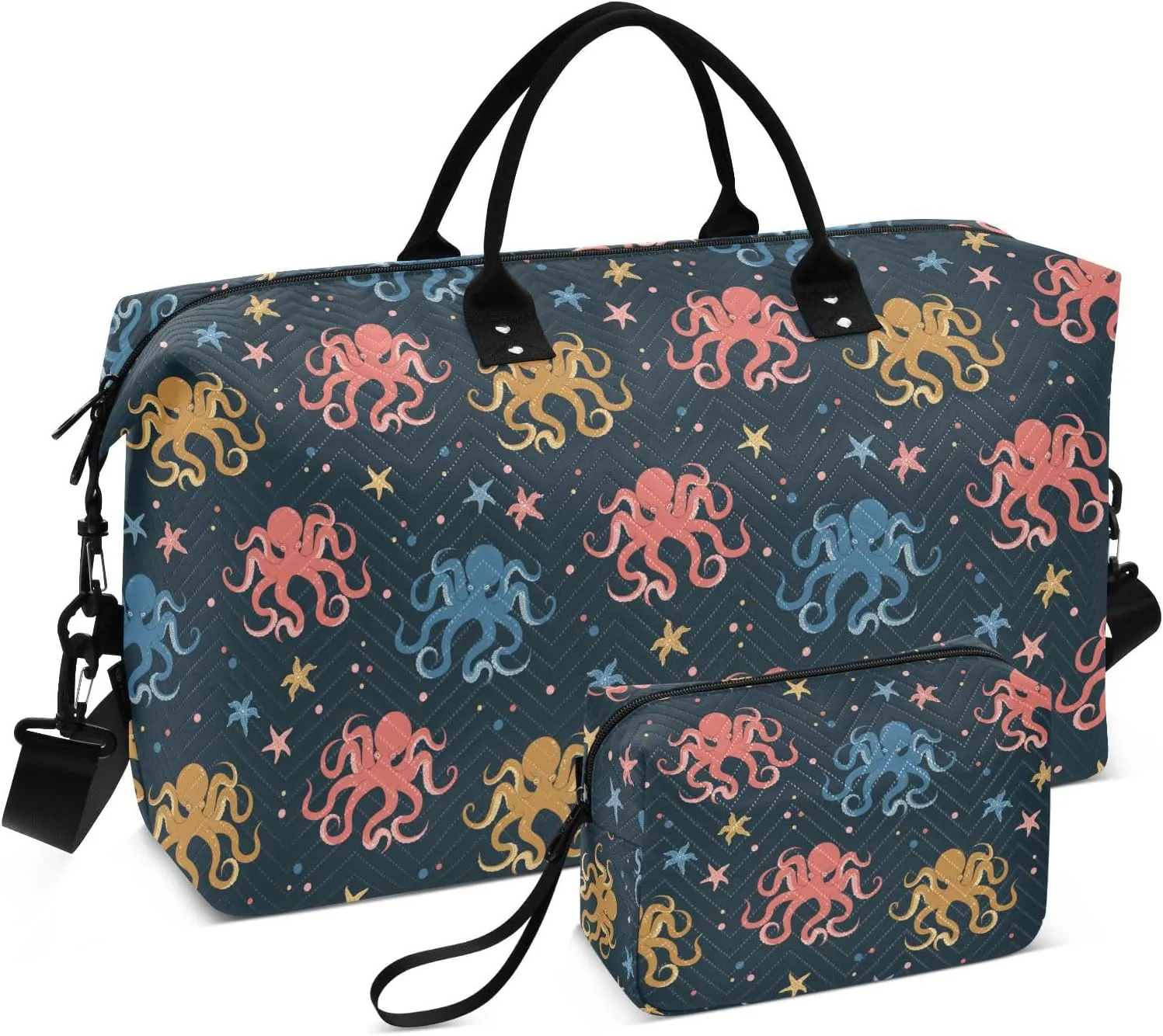 Aslsiy Travel Duffel Bags for Women Cartoon Doodle Octopus Sport Duffel Bag Sea Stars Black Weekender Bag Gym Bag with Toiletry Bag Carry on Overnight Bag