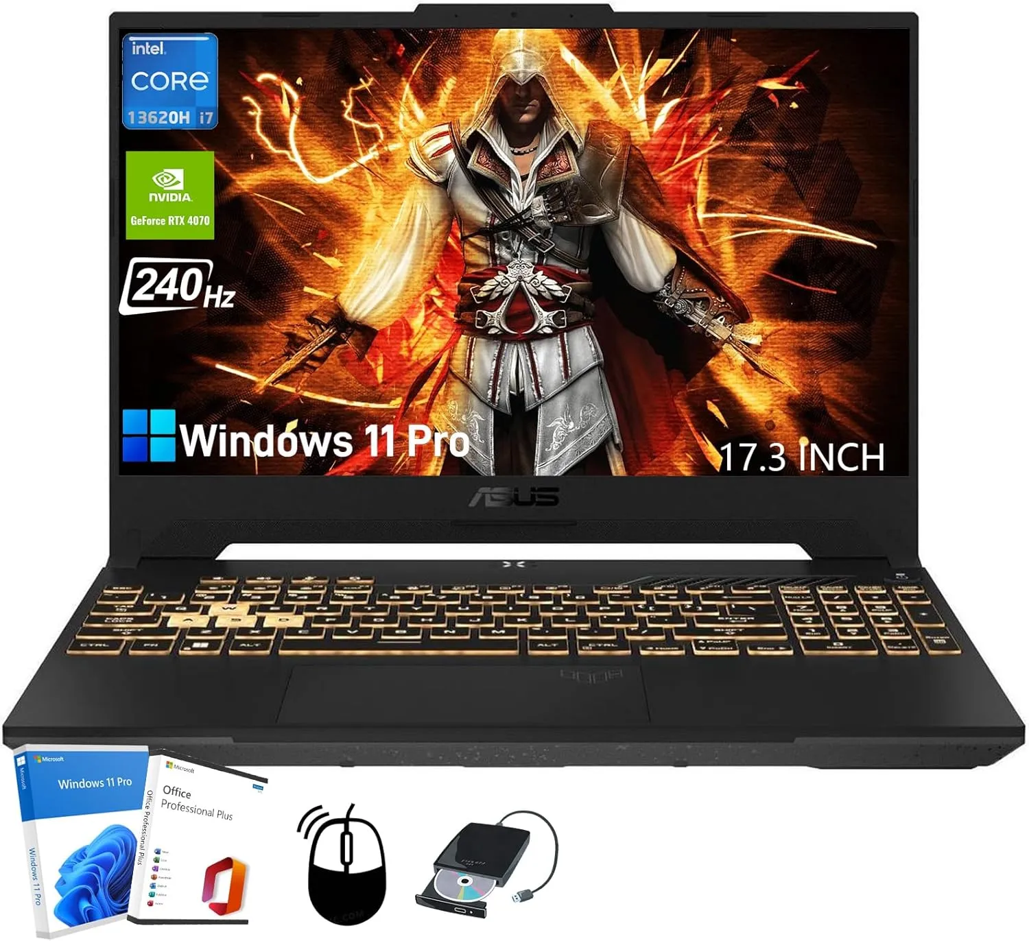 ASUS TUF F17 Gaming Laptop - 2K WQHD 17.3" 240Hz Display, Intel i7-13620H(up to 4.9 GHz), NVIDIA RTX 4070, RGB Backlit KB, Wi-Fi 6, 64GB DDR5, 1TB SSD, Windows 11 Pro & Office Pro & External DVD Drive