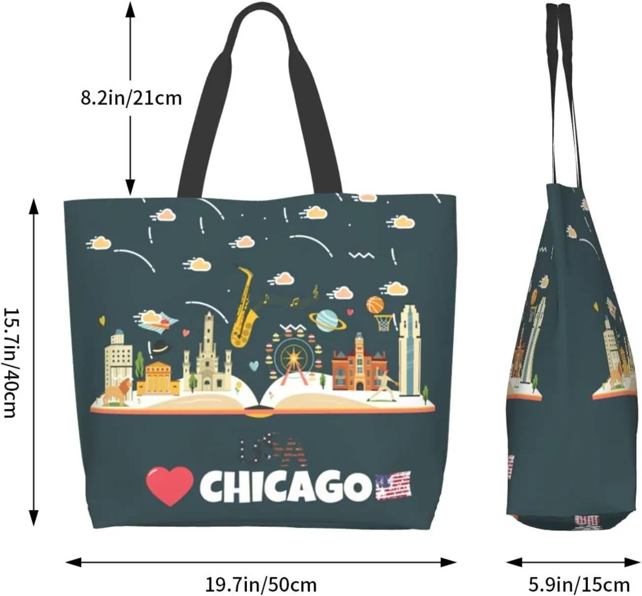 ASYG Chicago Shoulder Bag Chicago Flag Bags Storage Handle Shopping Bag Portable Chicago Bag