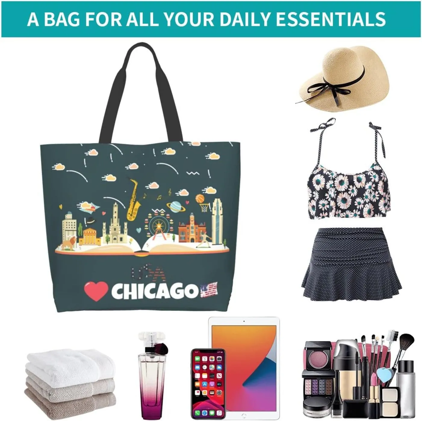 ASYG Chicago Shoulder Bag Chicago Flag Bags Storage Handle Shopping Bag Portable Chicago Bag