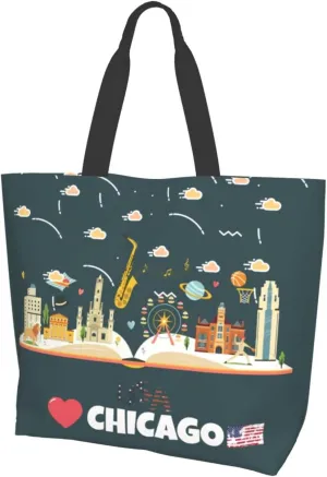 ASYG Chicago Shoulder Bag Chicago Flag Bags Storage Handle Shopping Bag Portable Chicago Bag