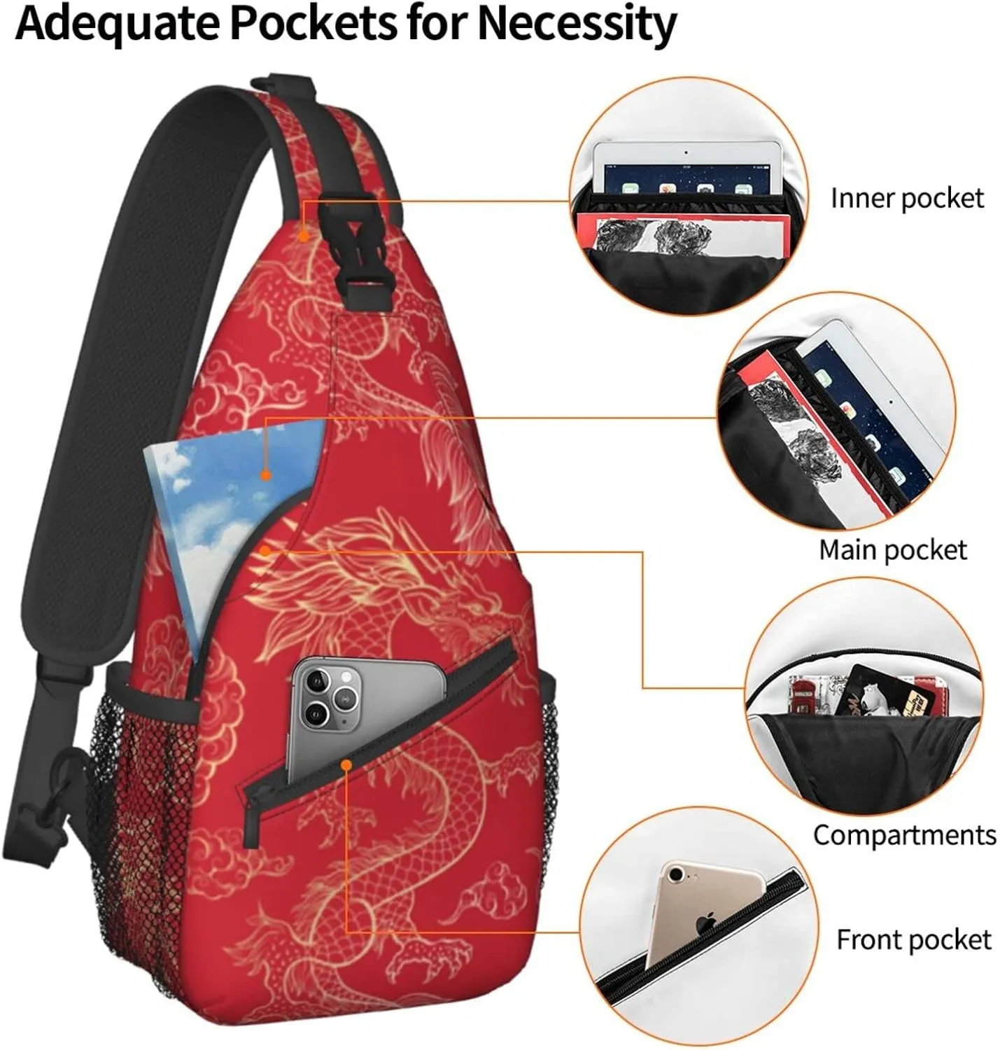ASYG Dragon Pattern Sling Bag Crossbody Chest Daypack Casual Backpack Cool Shoulder Bag For Travel Hiking Sport Gym