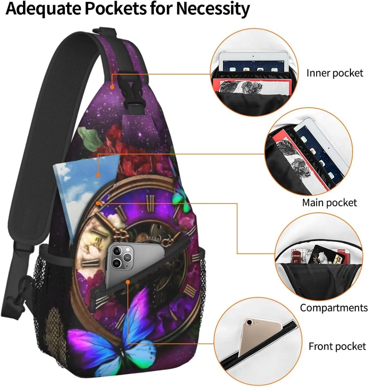 ASYG Steampunk Sling Bag Crossbody Chest Daypack Casual Backpack Vintage Clock Shoulder Bag For Travel Hiking