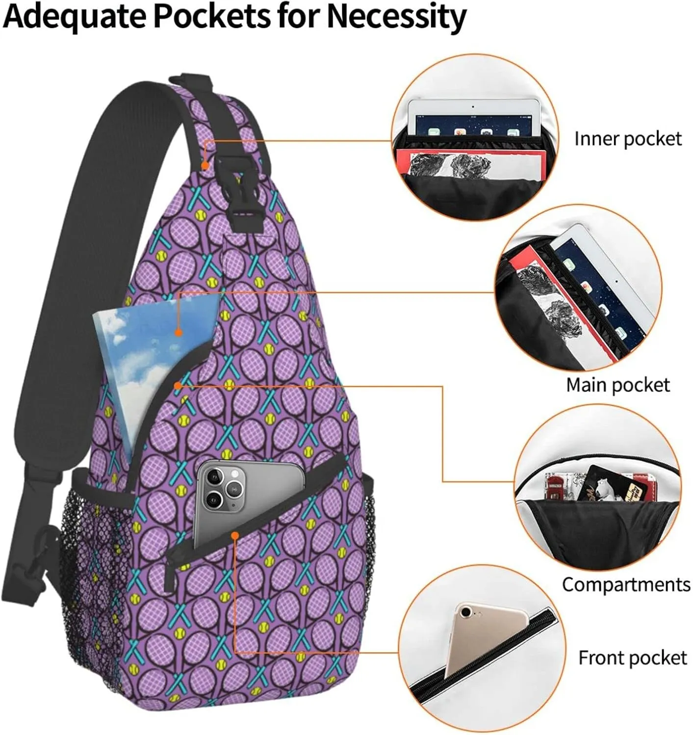 ASYG Tennis Sling Bag Sport Crossbody Chest Daypack Casual Backpack Tennis Shoulder Bag For Travel Picnic