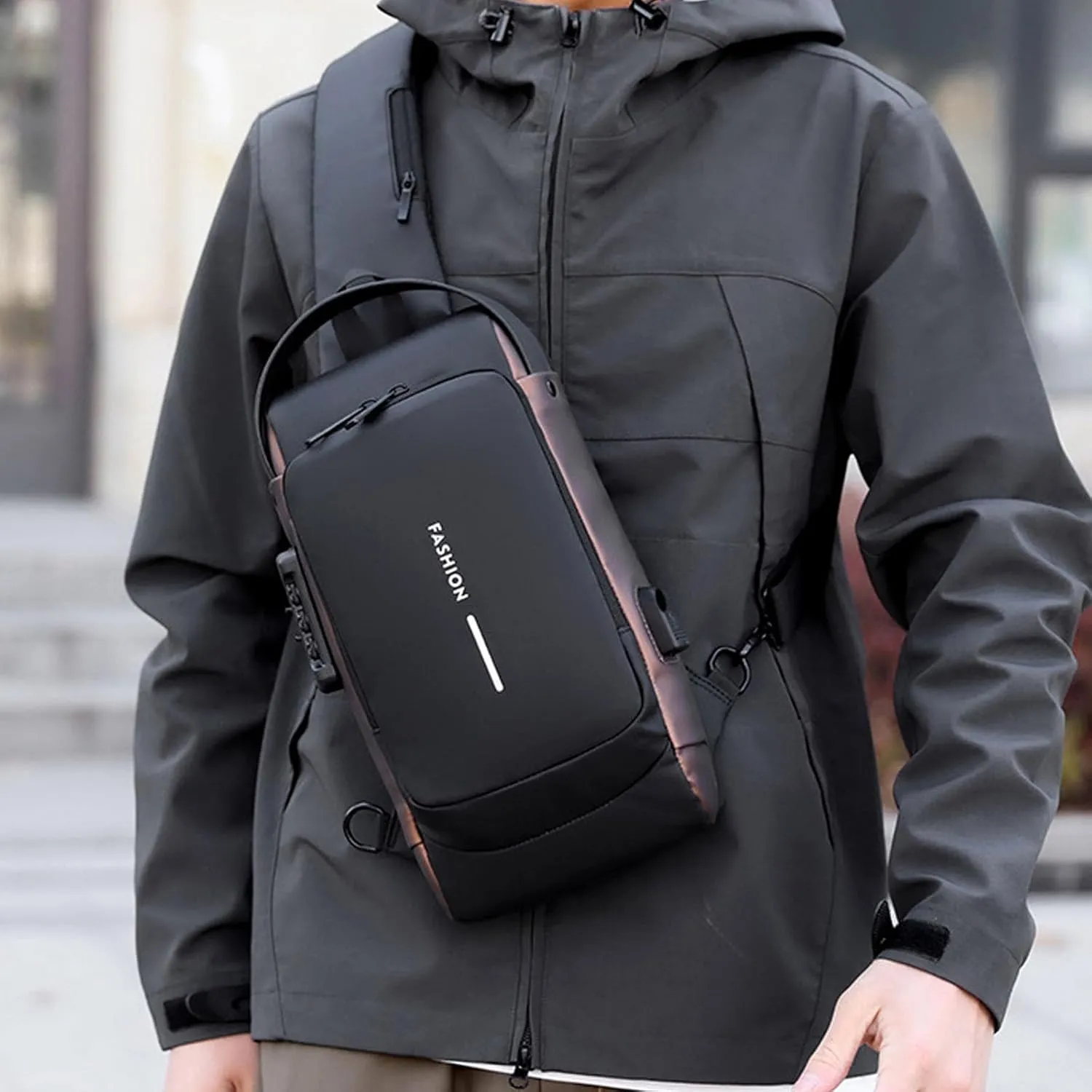 Auricz Bag, New Carbon Fiber Streamline Anti-Theft Sling Bag for Men, USB Crossbody Shoulder Backpack Waterproof