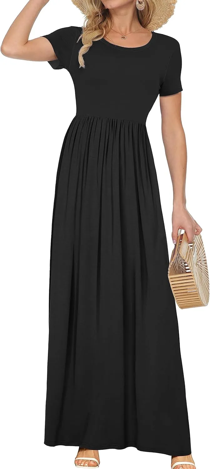 AUSELILY Women's Short Sleeve Loose Plain Casual Long Maxi Dresses for Women 2025