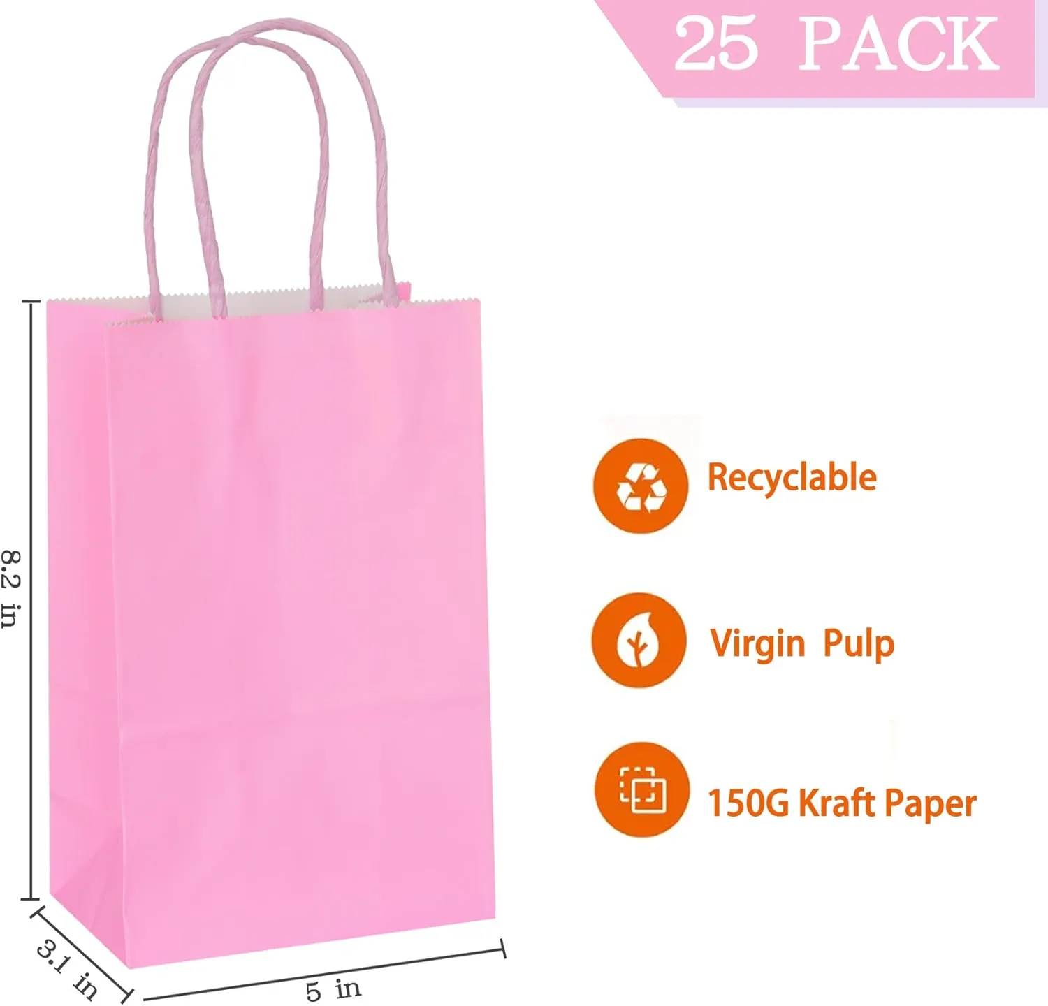 AZOWA Gift Bags Pink Small Kraft Paper Bags With Handles (Pink, 25 CT)