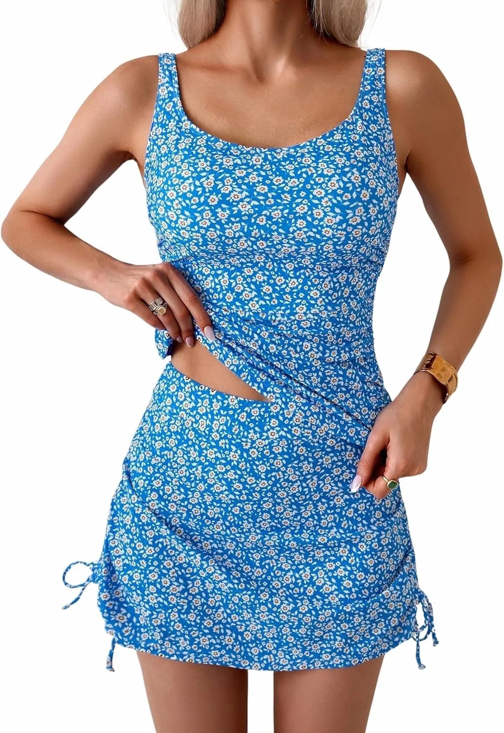 B2prity Tankini Swimsuit for Women Slimming Tummy Control Two Piece Bathing Suit Drawstring Swimwear Tank Top with Skirt