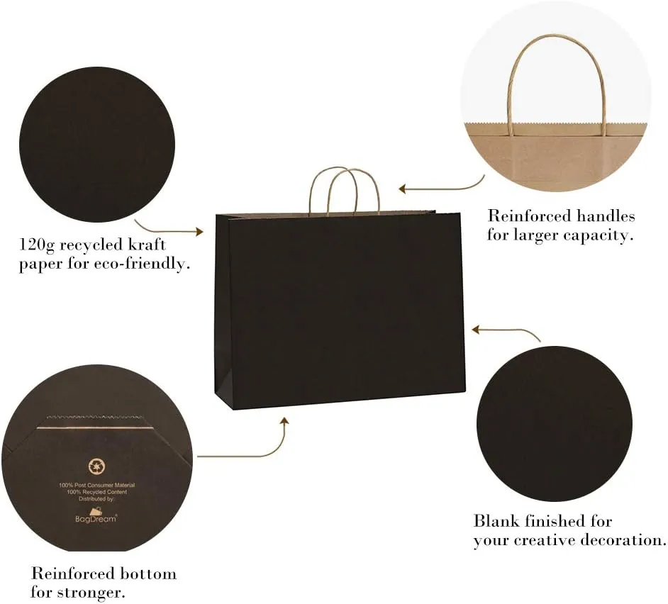 BagDream 100Pcs 16x6x12 Inches Kraft Paper Bags with Handles Bulk, Large Shopping Bags for Gifts, Grocery, Merchandise, Party Favor, Take-out, Recycled Black Black Paper Sacks