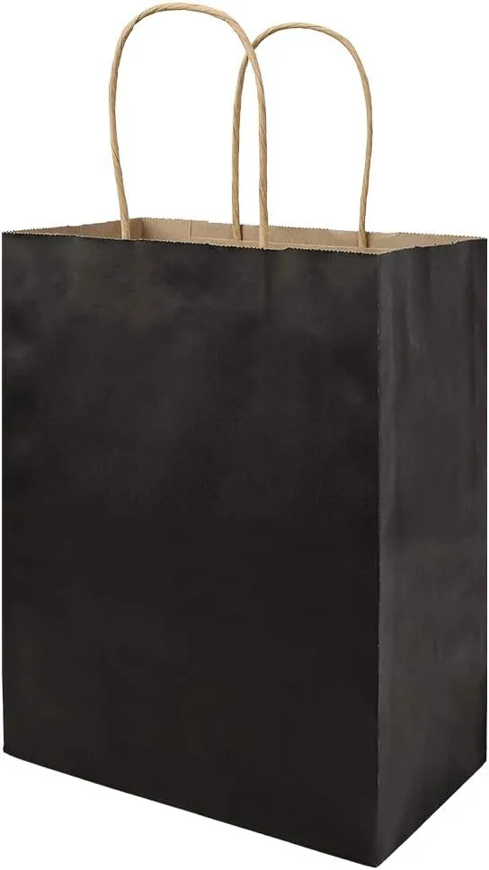 bagmad 50 Pack Medium 8x4.75x10 Inch Black Gift Paper Bags with Handles Bulk, Kraft Bags, Craft Grocery Shopping Retail Party Favors Wedding Business Sacks (Black, 50pcs)