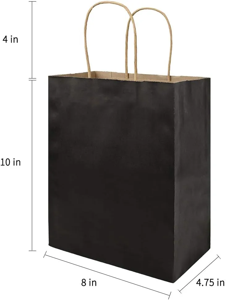 bagmad 50 Pack Medium 8x4.75x10 Inch Black Gift Paper Bags with Handles Bulk, Kraft Bags, Craft Grocery Shopping Retail Party Favors Wedding Business Sacks (Black, 50pcs)