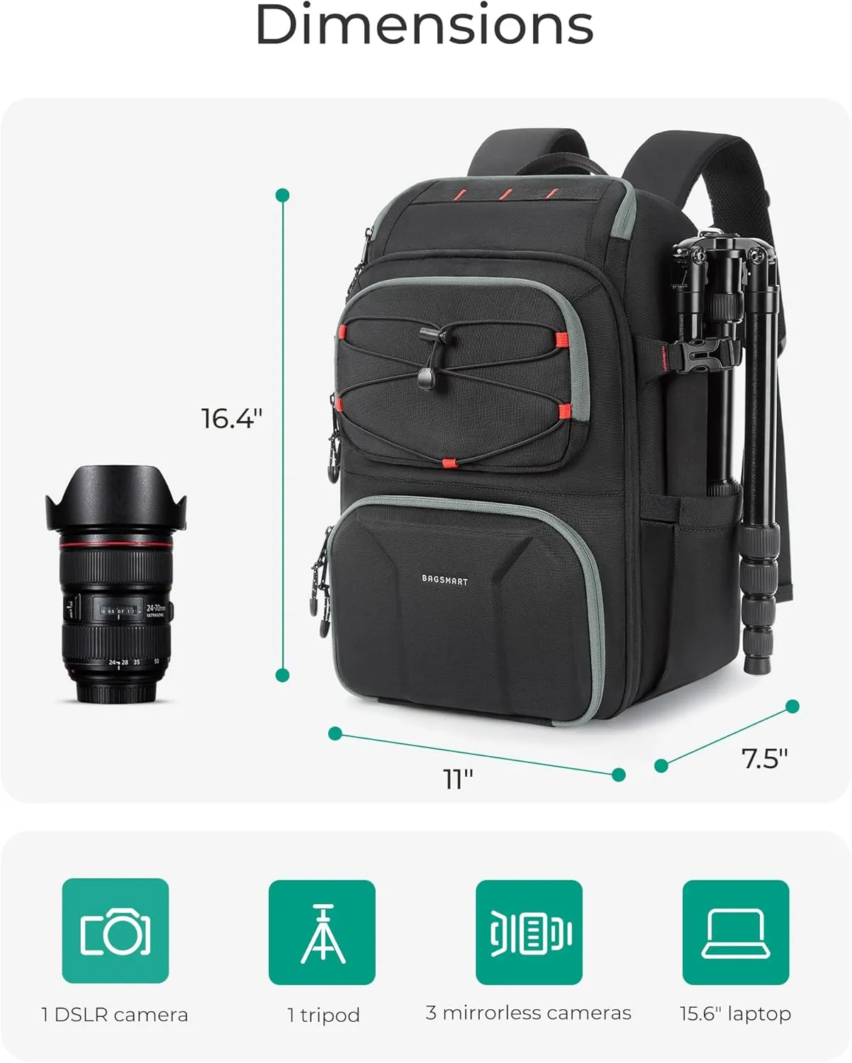 BAGSMART Camera Backpack for Photographers, Professional Camera Bag Backpack Fits up to 15.6" Laptop, DSLR/Drones/Tripod Backpack with Rain Cover, Black