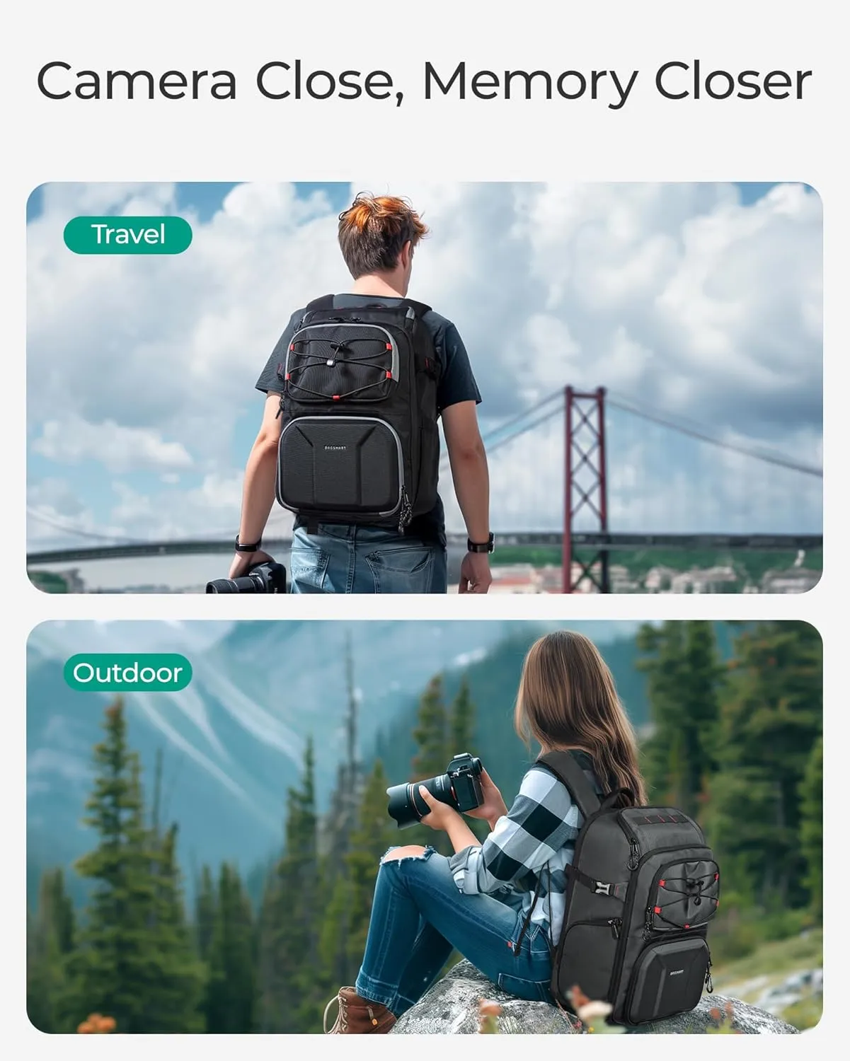 BAGSMART Camera Backpack for Photographers, Professional Camera Bag Backpack Fits up to 15.6" Laptop, DSLR/Drones/Tripod Backpack with Rain Cover, Black