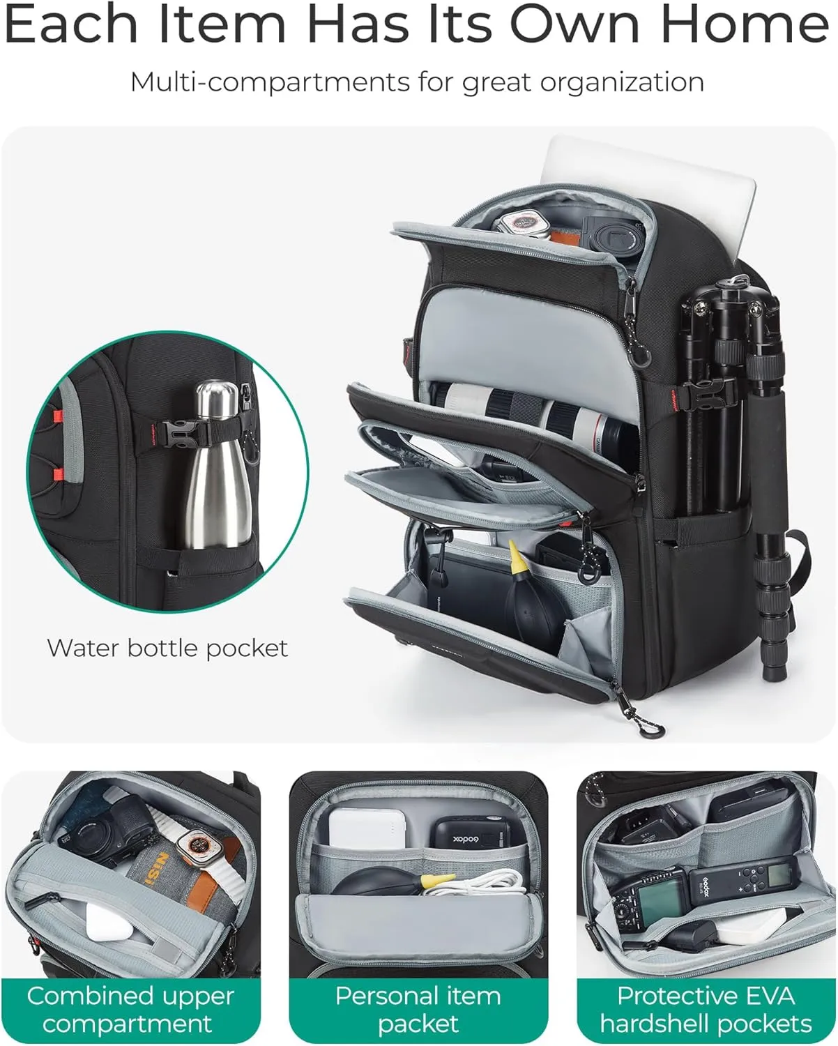 BAGSMART Camera Backpack for Photographers, Professional Camera Bag Backpack Fits up to 15.6" Laptop, DSLR/Drones/Tripod Backpack with Rain Cover, Black