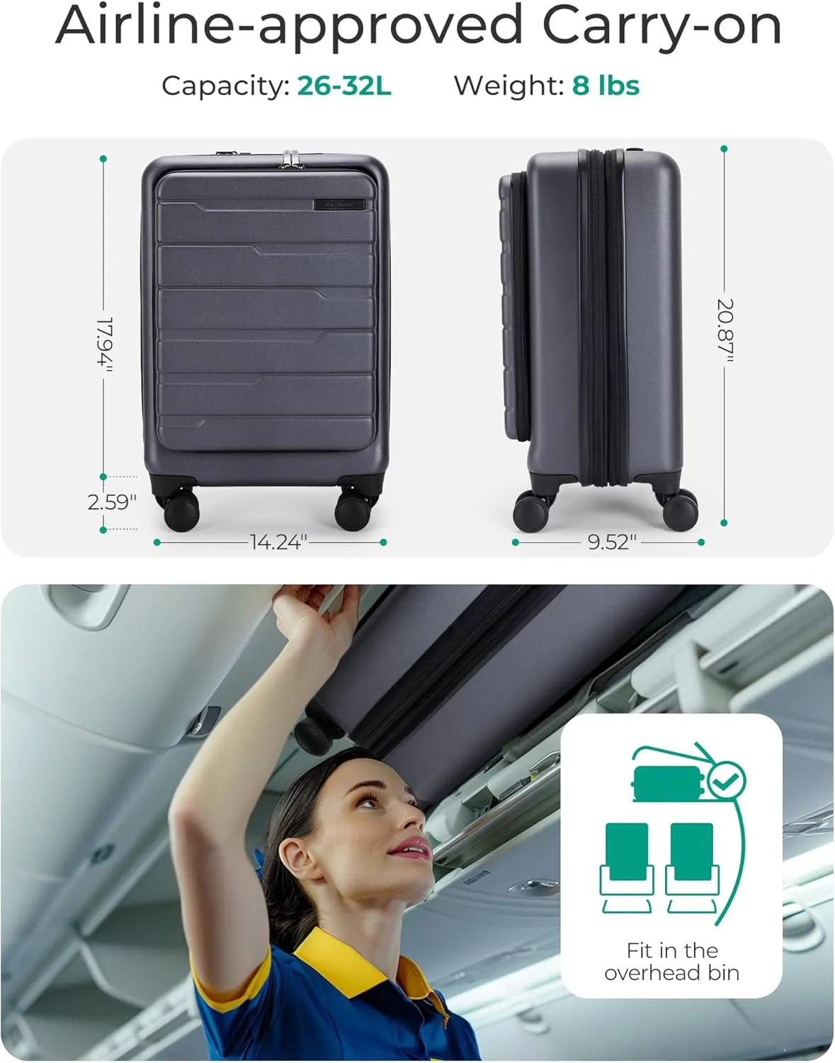 BAGSMART Expandable Carry On Luggage 22x14x9 Airline Approved, 20 Inch Suitcase with Spinner Wheels, Charging Ports, TSA Lock, Hard Shell Front Opening for Men Women Travel Business, Grey