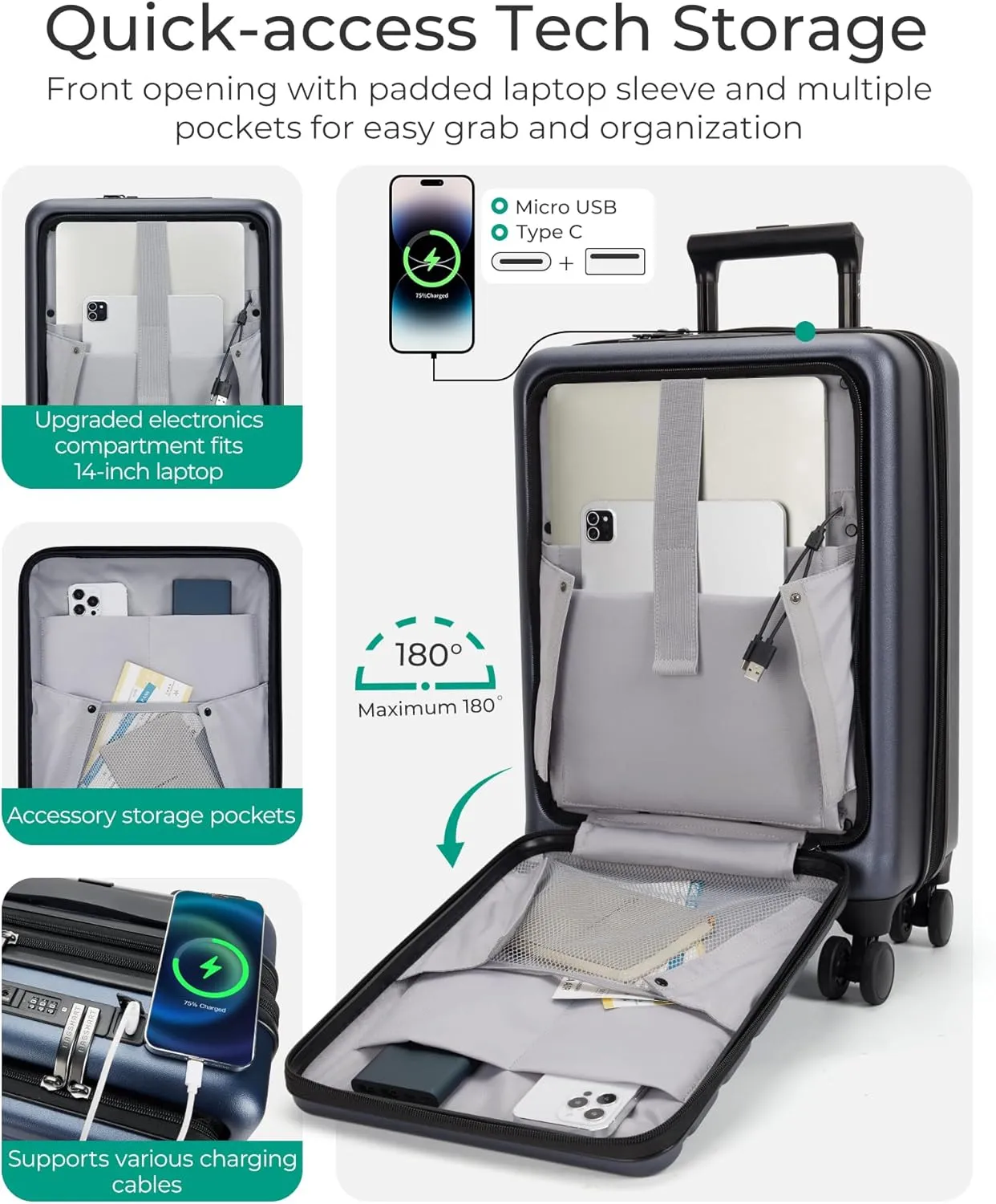 BAGSMART Expandable Carry On Luggage 22x14x9 Airline Approved, 20 Inch Suitcase with Spinner Wheels, Charging Ports, TSA Lock, Hard Shell Front Opening for Men Women Travel Business, Grey