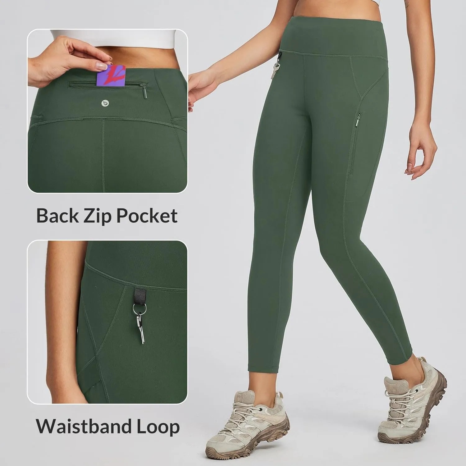 baleaf Women's High Waist Leggings with Pocket Hiking Pants Tummy Control 3 Pocket for Athletic Outdoor Running