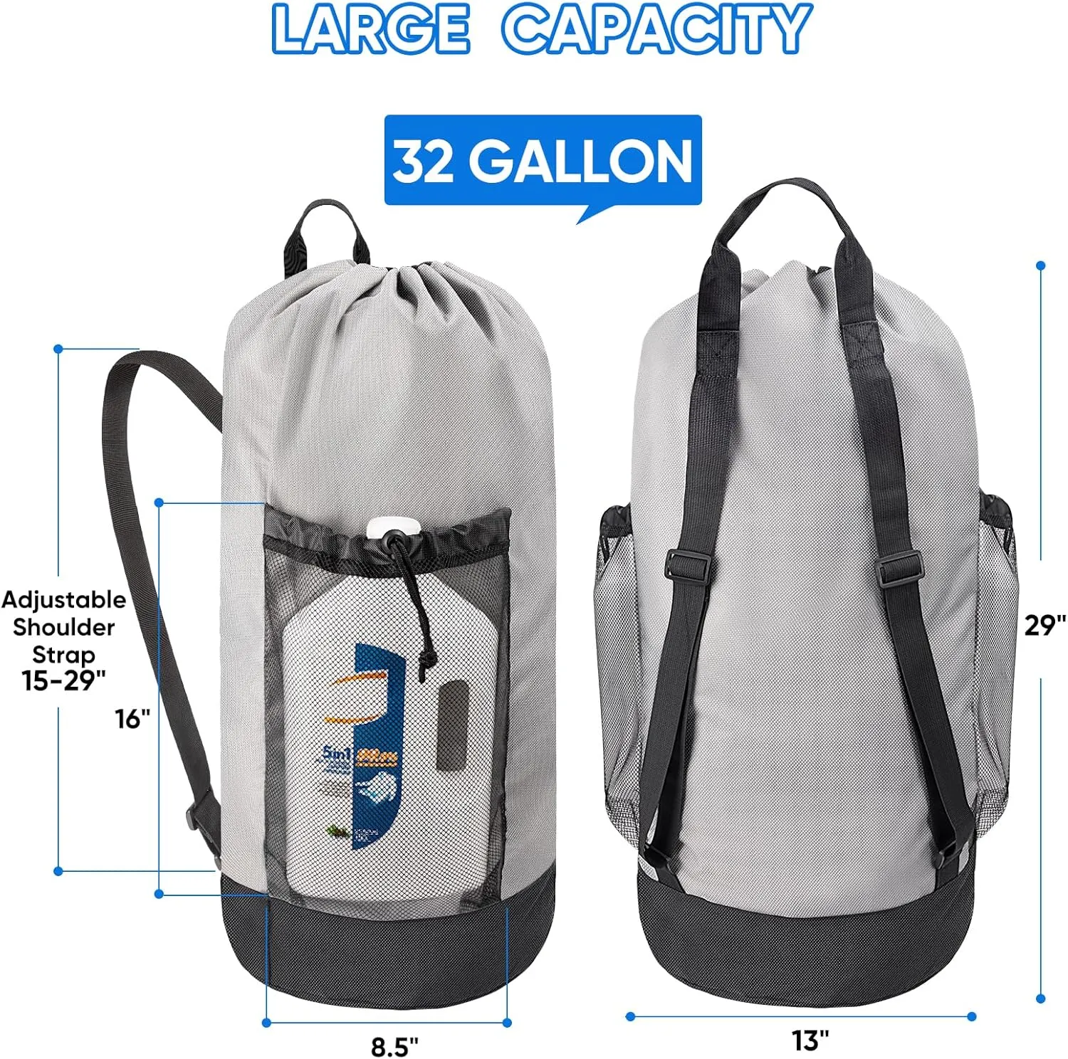 BALEINE 120L Laundry Bag Backpack, 900D Oxford Fabric Large Travel Laundry Bags with Shoulder Straps and 2 Mesh Pockets for College Dorm, Apartment, Laundromat (Navy)