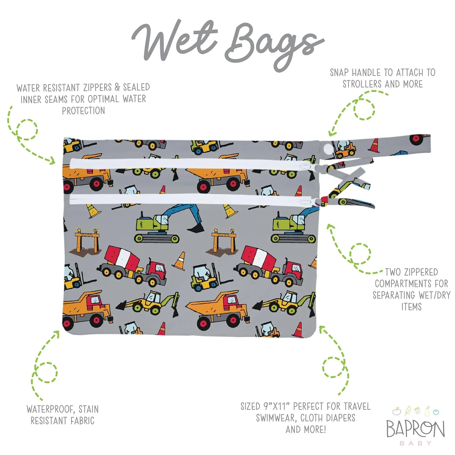 BapronBaby Construction Zone Wet Dry Bag - Waterproof Two Zipper Pockets - Reusable for Mealtime, Diapers, Stroller, Snacks, Swimsuits - Machine Washable - 11" x 9"