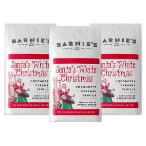 Barnie's Santa's White Christmas Ground Coffee with Coconut, Caramel, and Warm Vanilla Flavors, Medium Roasted Arabica Coffee Beans, 12 oz Bag (Pack of 3)