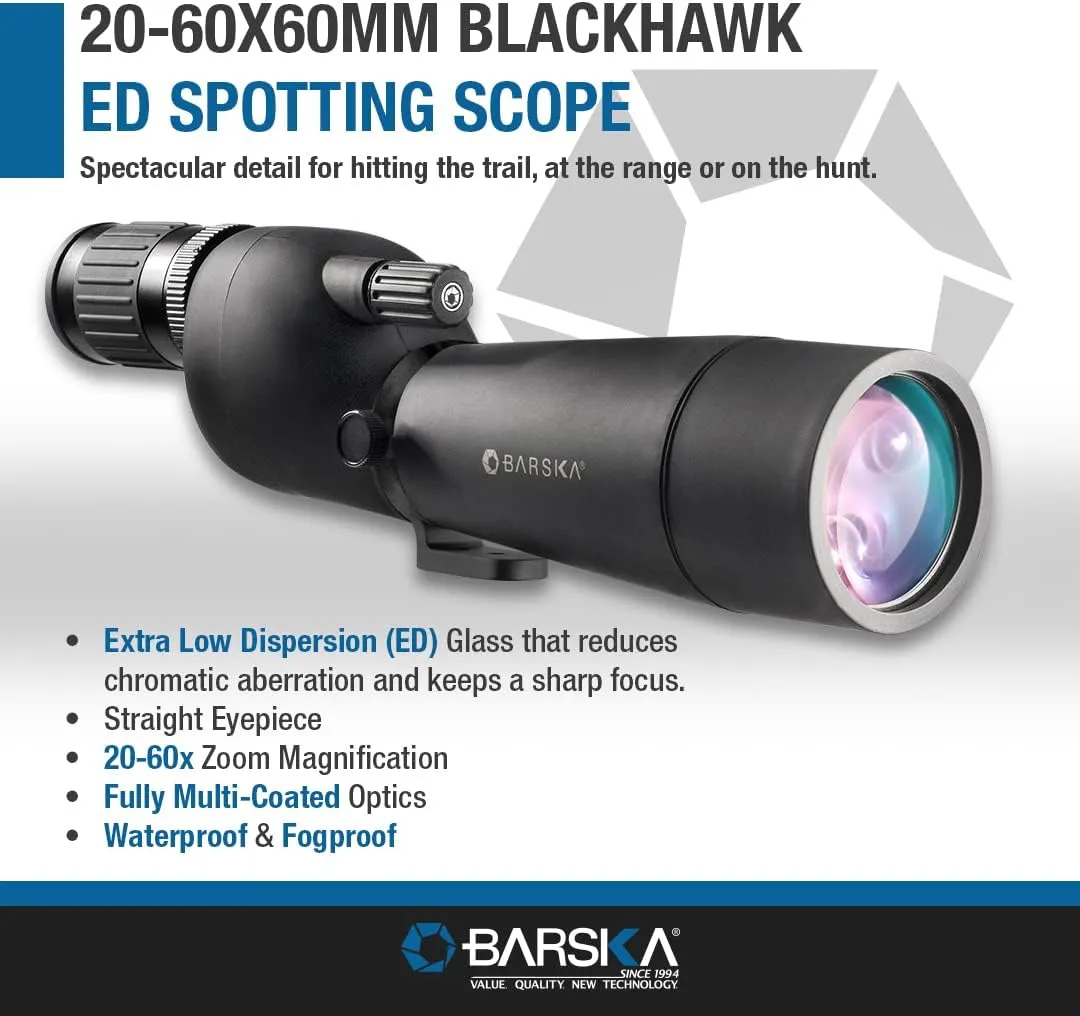 Barska Blackhawk ED 20-60x60mm Straight Spotting Scope – Extra-Low Dispersion Glass, Waterproof, Fully Multi-Coated Optics, Hard & Soft Carrying Case, Black