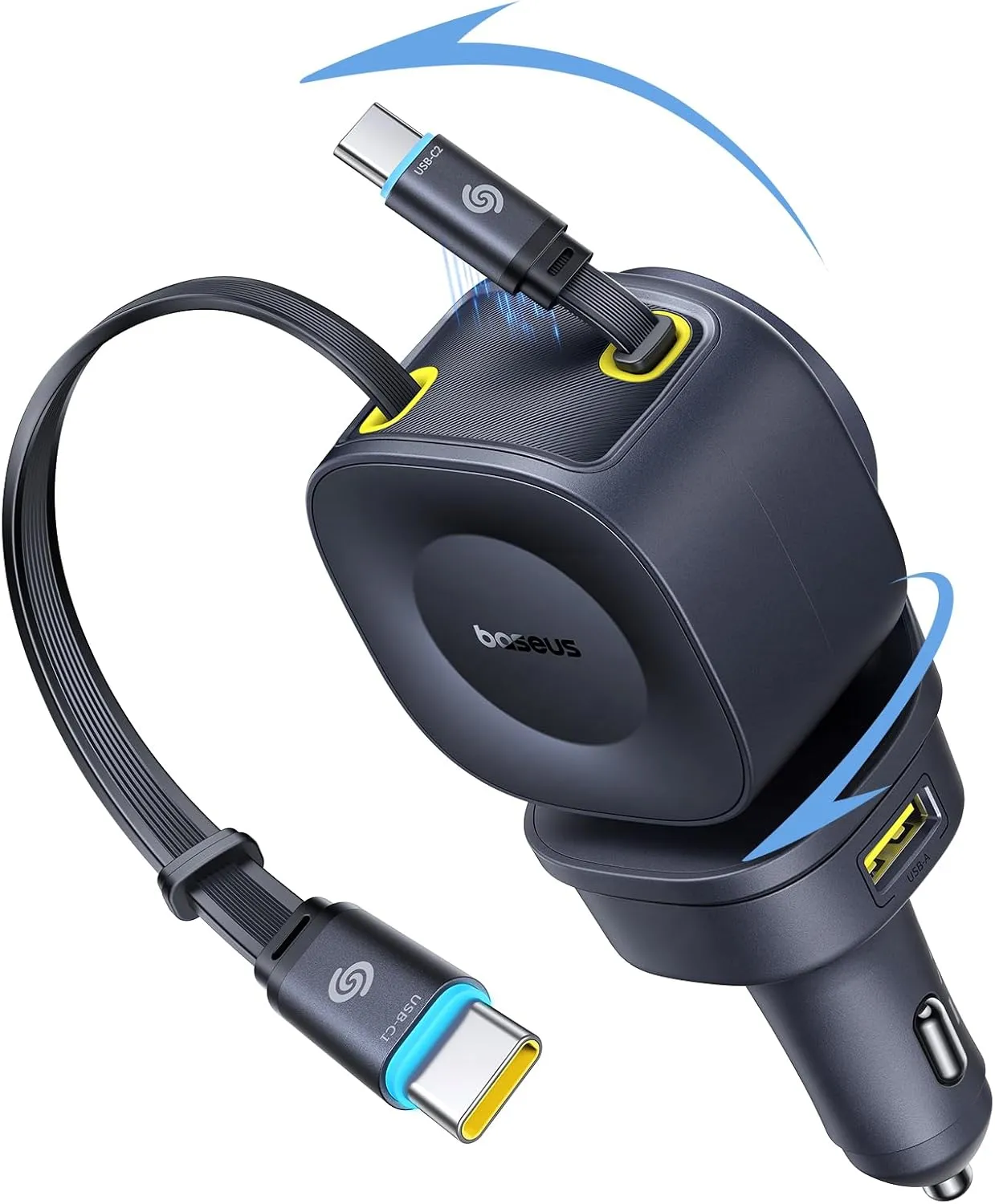 Baseus 163W Retractable Car Charger USB C Fast Charging, 4 in 1 Fast Car Charger with Dual Retractable USB C Cable for iPhone 16 15 14 Pro Max, Samsung Galaxy S25 Ultra, Android