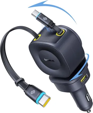 Baseus 163W Retractable Car Charger USB C Fast Charging, 4 in 1 Fast Car Charger with Dual Retractable USB C Cable for iPhone 16 15 14 Pro Max, Samsung Galaxy S25 Ultra, Android