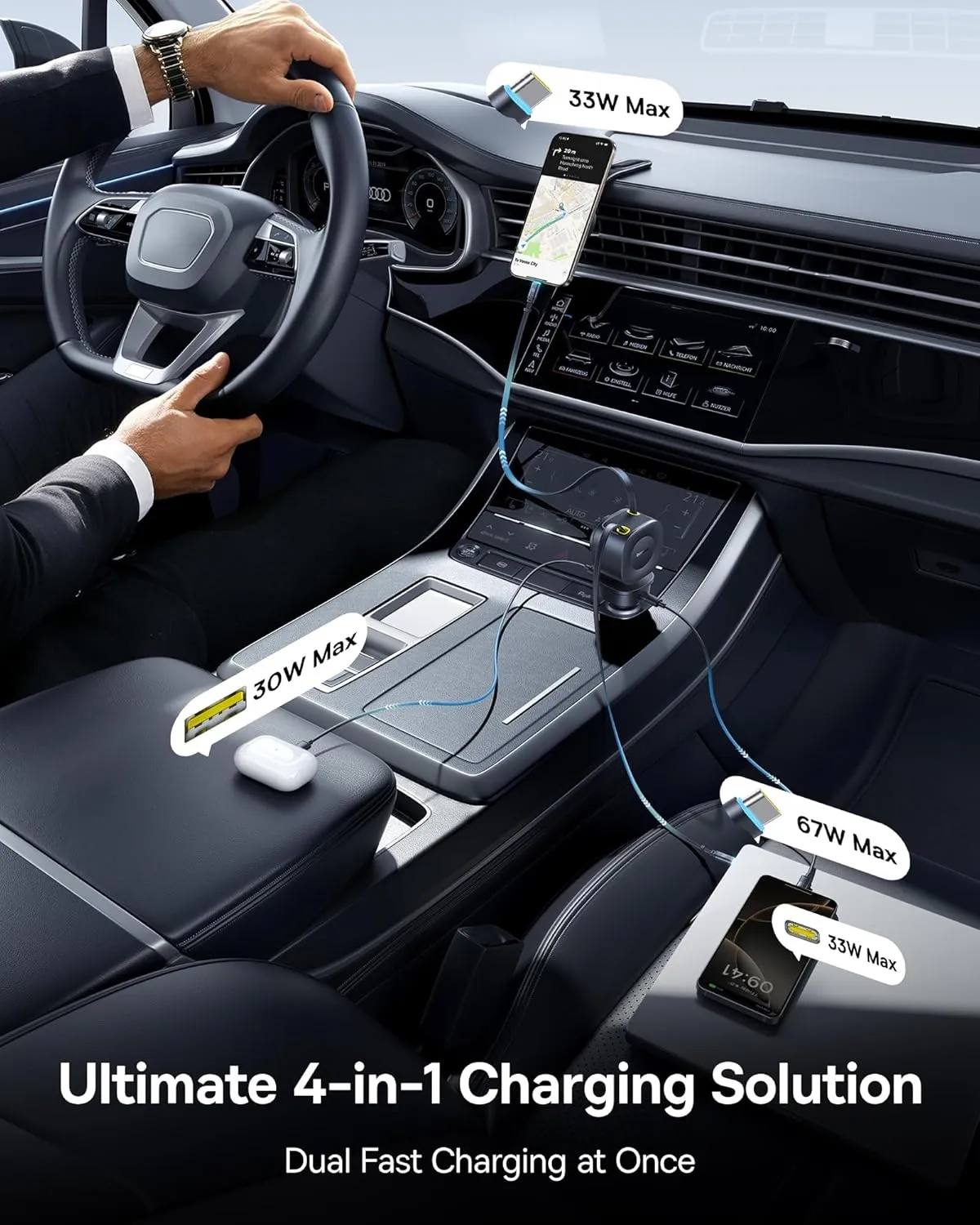 Baseus 163W Retractable Car Charger USB C Fast Charging, 4 in 1 Fast Car Charger with Dual Retractable USB C Cable for iPhone 16 15 14 Pro Max, Samsung Galaxy S25 Ultra, Android