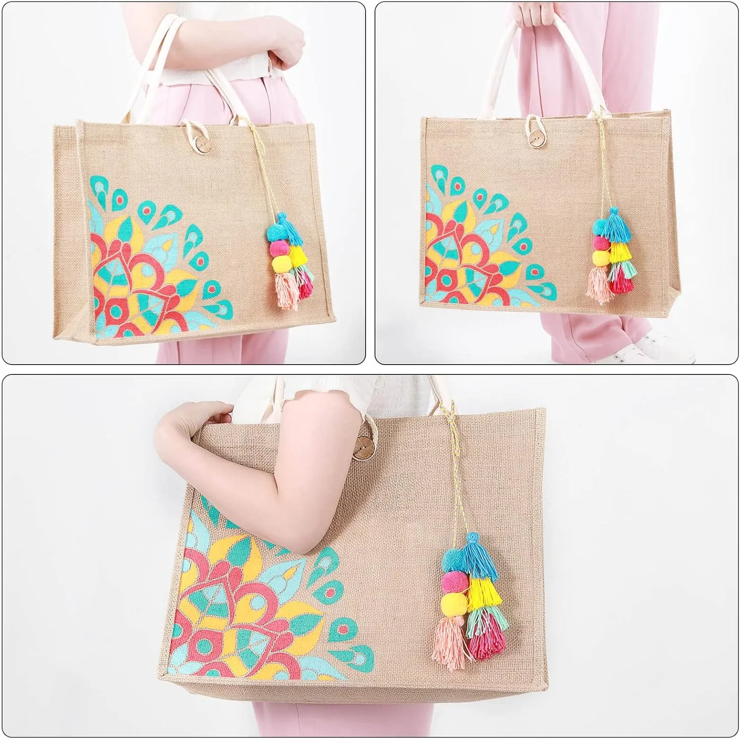 Beach Bag for Women, Straw Beach Tote Bag with Pocket Tassel Handle Waterproof Lining, for Summer Vacation Pool Gift