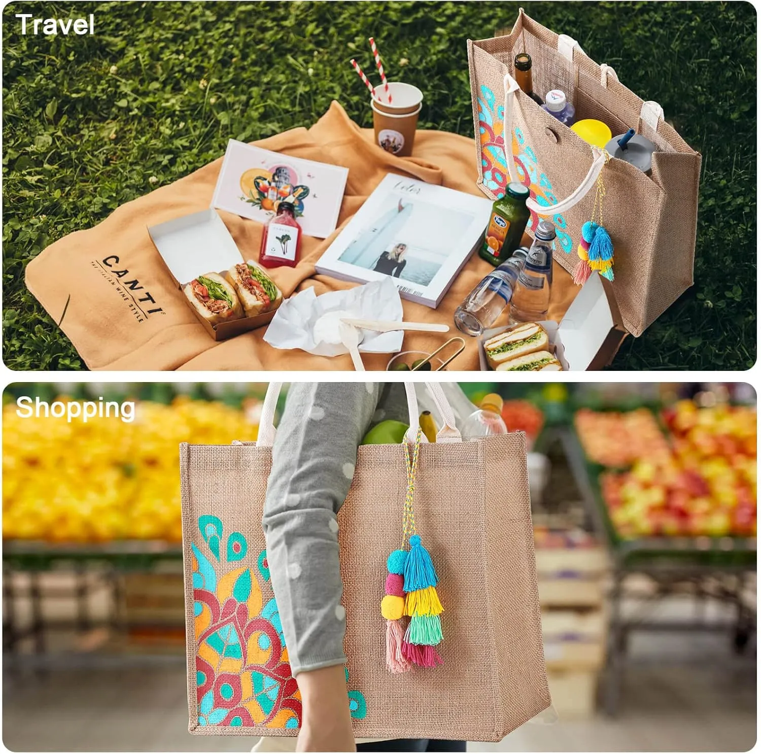 Beach Bag for Women, Straw Beach Tote Bag with Pocket Tassel Handle Waterproof Lining, for Summer Vacation Pool Gift