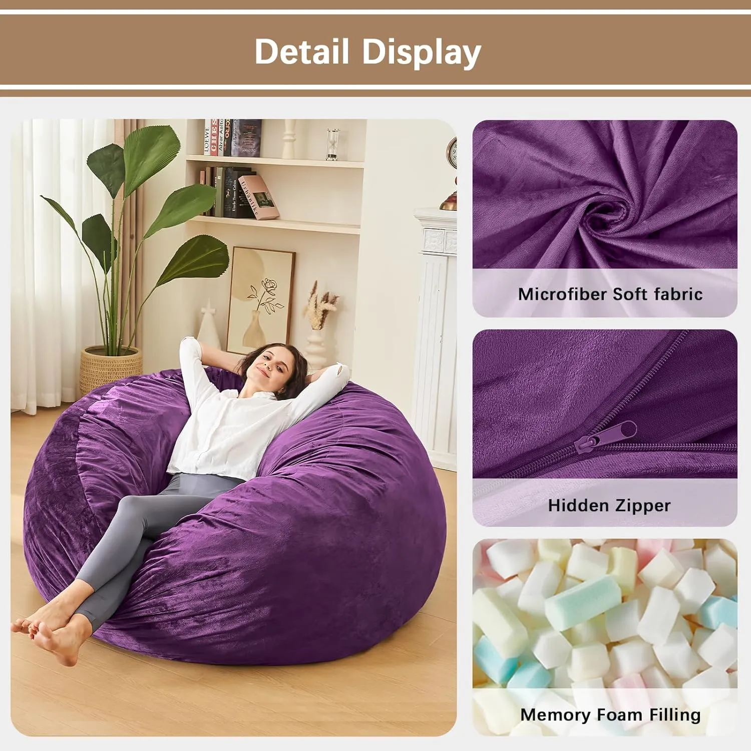 Bean Bag Chairs for Kids - Memory Foam Furniture BeanBag Chair - Kids/Teens Sofa with Soft Micro Fiber Cover - Round Fluffy Couch for Living Room Bedroom College Dorm - 2 ft, Purple