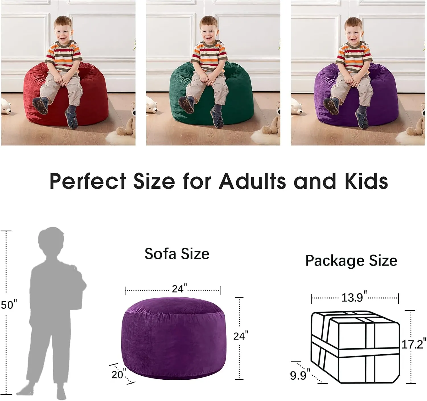 Bean Bag Chairs for Kids - Memory Foam Furniture BeanBag Chair - Kids/Teens Sofa with Soft Micro Fiber Cover - Round Fluffy Couch for Living Room Bedroom College Dorm - 2 ft, Purple