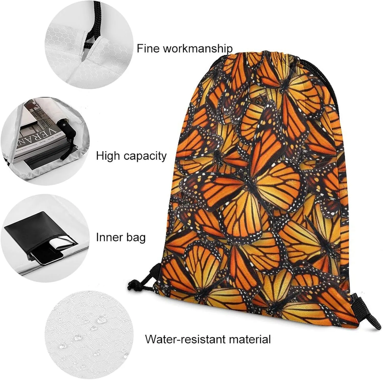 Beautiful Monarch Butterfly Large Capacity Portable Drawstring Pocket Unisex