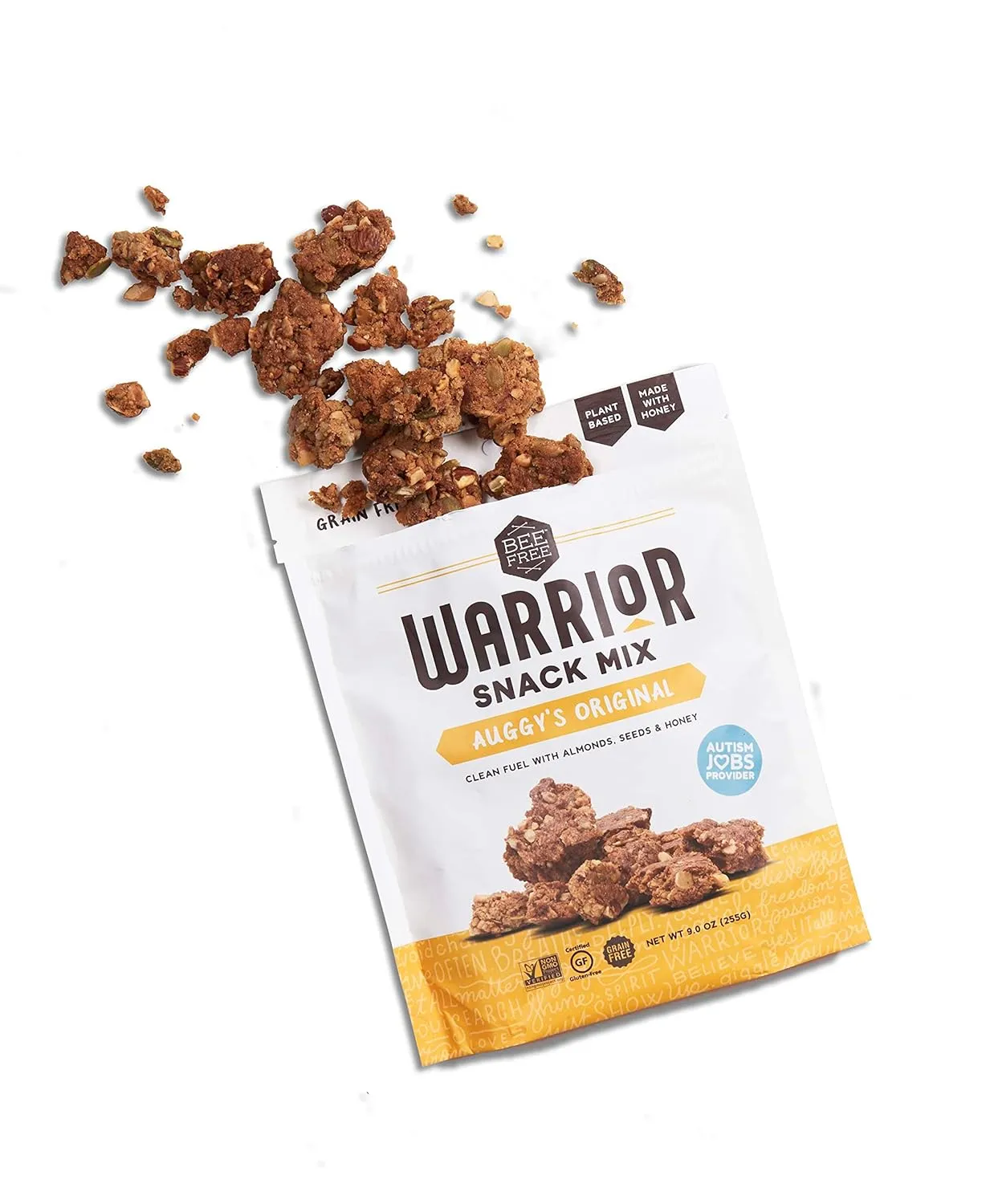 BeeFree Warrior Mix Gluten Free Granola - Chunky Granola Bites | Paleo Granola, Low Carb, Grain Free, Preservative Free, Oat Free | Granola for Yogurt, Low Calorie Snacks | Auggy’s Original Mix, 9 Ounce Bags, 3 Pack