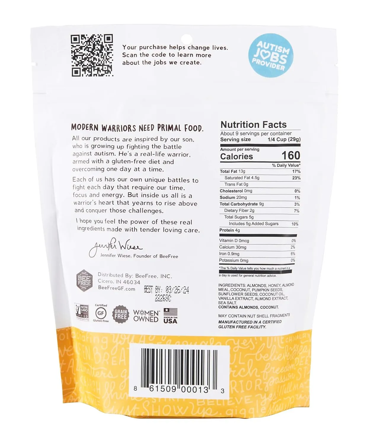 BeeFree Warrior Mix Gluten Free Granola - Chunky Granola Bites | Paleo Granola, Low Carb, Grain Free, Preservative Free, Oat Free | Granola for Yogurt, Low Calorie Snacks | Auggy’s Original Mix, 9 Ounce Bags, 3 Pack