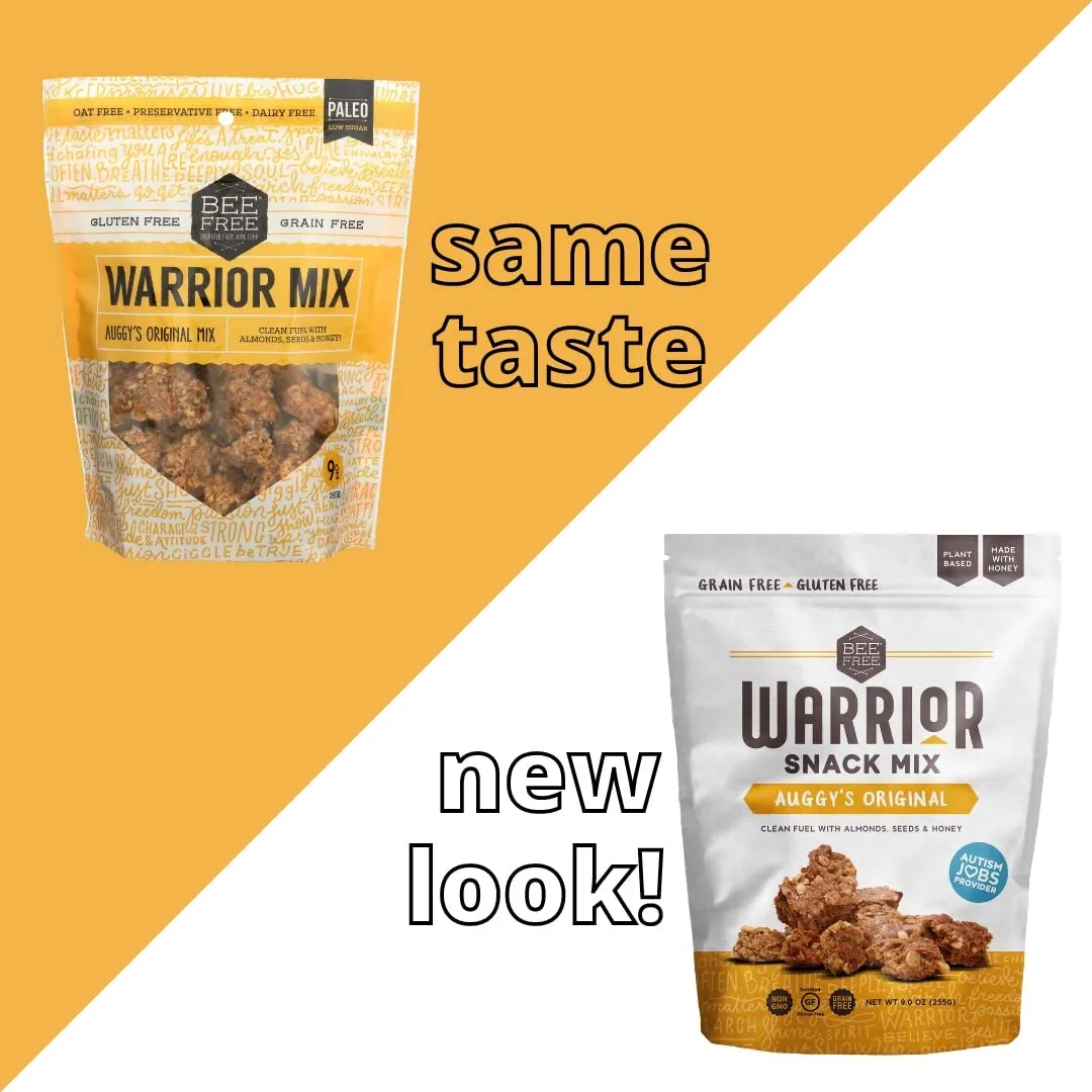 BeeFree Warrior Mix Gluten Free Granola - Chunky Granola Bites | Paleo Granola, Low Carb, Grain Free, Preservative Free, Oat Free | Granola for Yogurt, Low Calorie Snacks | Auggy’s Original Mix, 9 Ounce Bags, 3 Pack