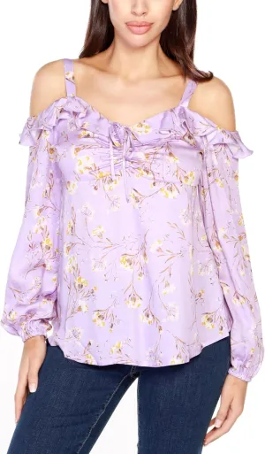 Belldini Black Label Petite Floral Ruffle Button-Front Blouse Top Fl Pastel Lilac Combo PXL