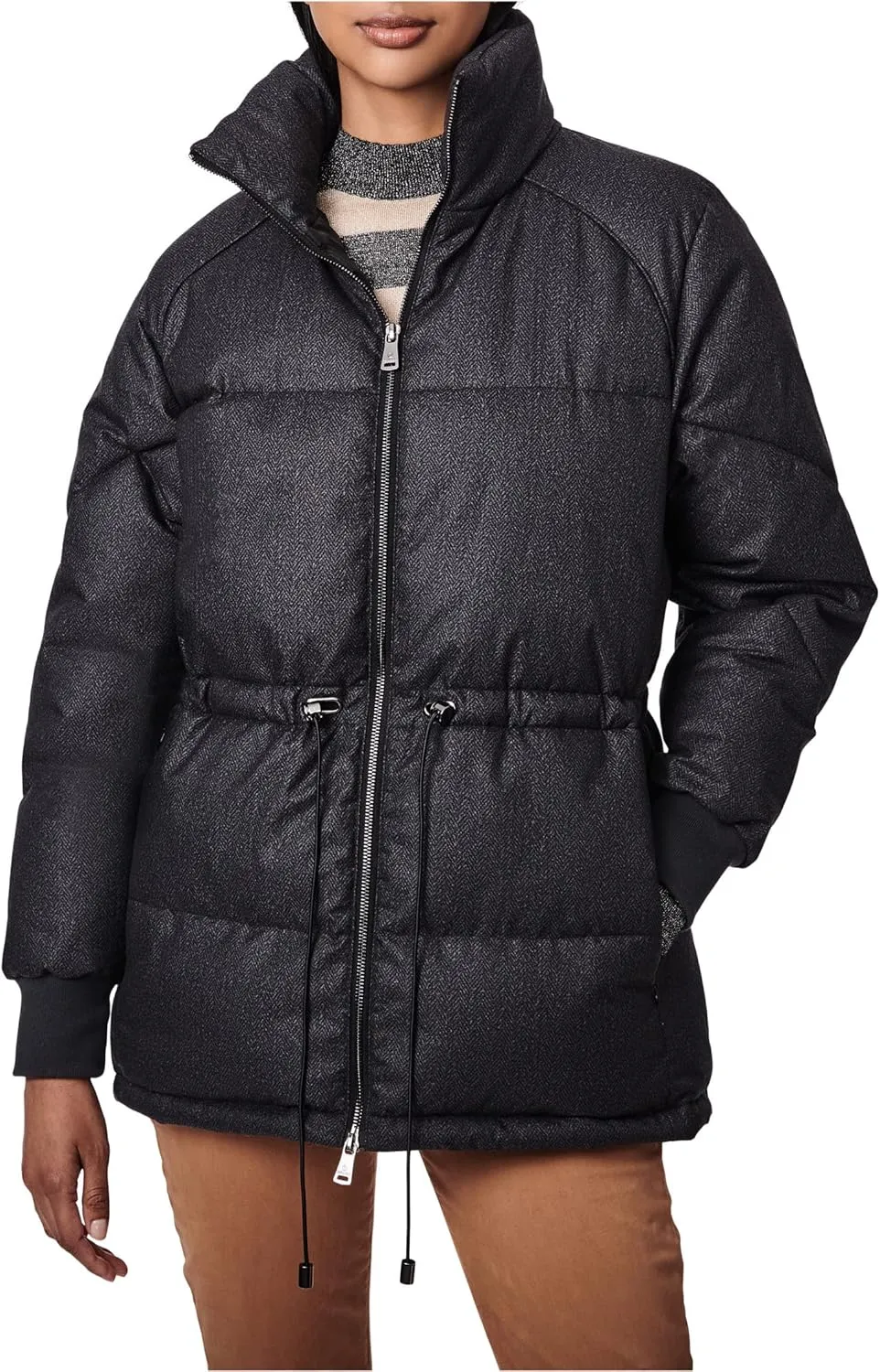 Bernardo Fashions Herringbone Heavy Puffer Jacket with Cinched Waist Black XL